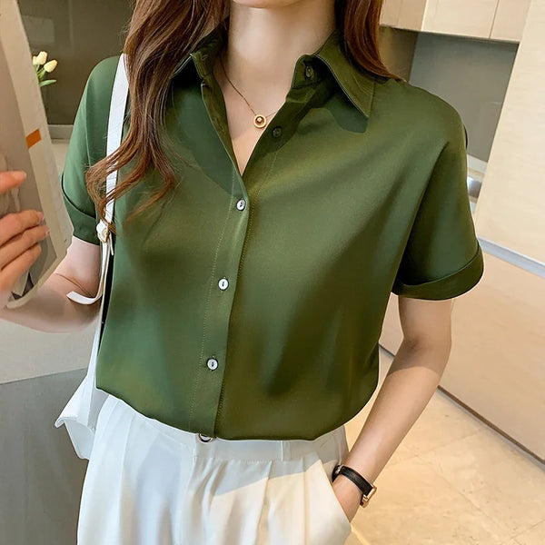 Summer Short Sleeve Women Shirt Blusas Mujer De Moda 2024 Verano Office Lady Turn Down Collar Shirt Women Tops Shirts Blusa E704