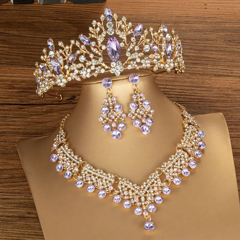 KMVEXO Luxury Crystal Bridal Jewelry Sets Women Purple Pink Tiara Earrings Choker Necklace Wedding Dress Bride Crown Jewelry Set