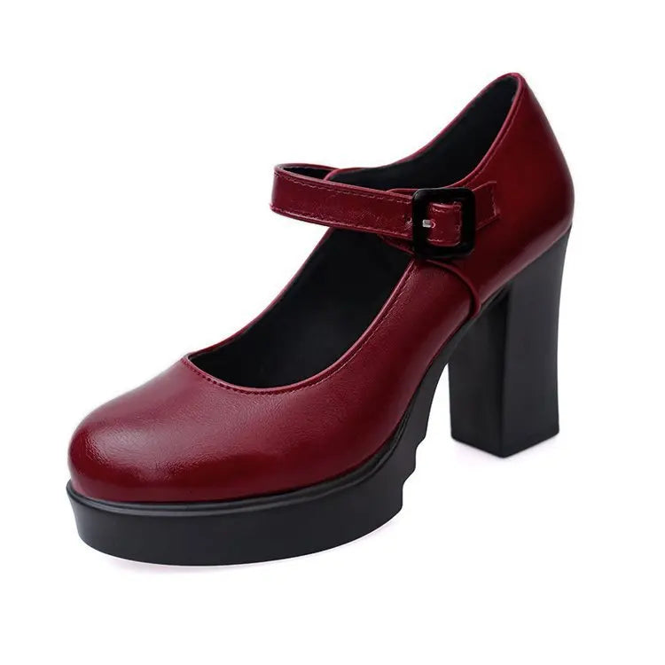 Women's Black Mid-heeled Pumps Catwalk Shoes Soft-soled Leather Shoes Thick Heels Large Size Women's Shoes