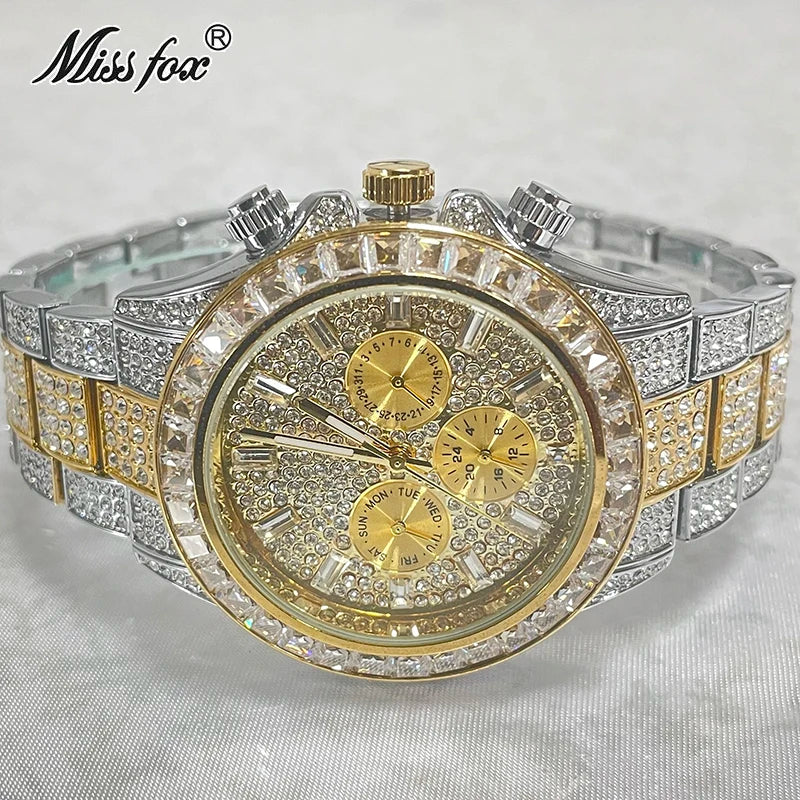 Luxury Brand MISSFOX Sliver Green Fashion Watches Men Rainbow Diamond Waterproof Smart Watch Full Steel Sports Clocks Male Reloj