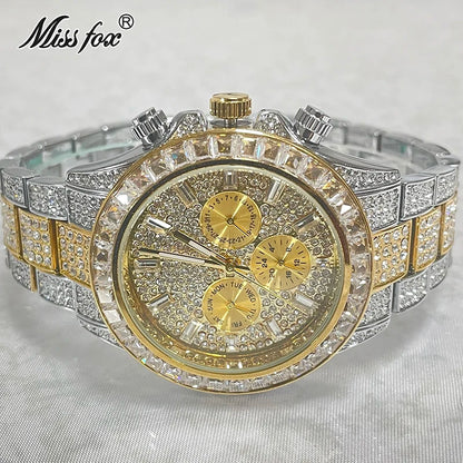 Luxury Brand MISSFOX Sliver Green Fashion Watches Men Rainbow Diamond Waterproof Smart Watch Full Steel Sports Clocks Male Reloj