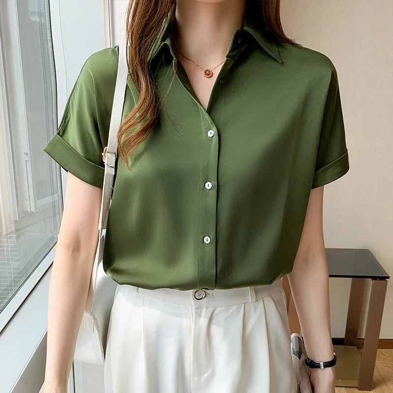 Summer Short Sleeve Women Shirt Blusas Mujer De Moda 2024 Verano Office Lady Turn Down Collar Shirt Women Tops Shirts Blusa E704