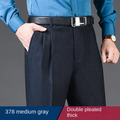 Double Pleated Mens suit pants Loose Fitting High Waist Trousers for Male Casual Business Formal Dress Pants Thick Autumn Winter