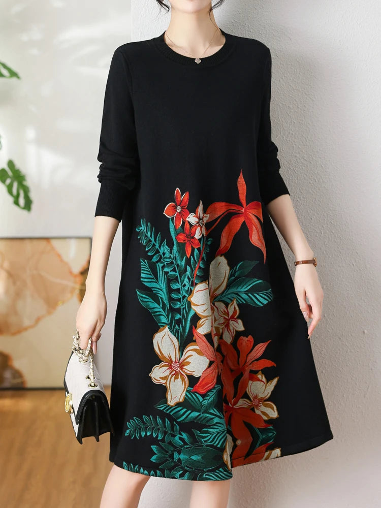 Floral Print Long Sweaters Dress Spring Women Clothing Long Sleeve Femme Pullover Elasticity Loose Pulls Sweater For Women