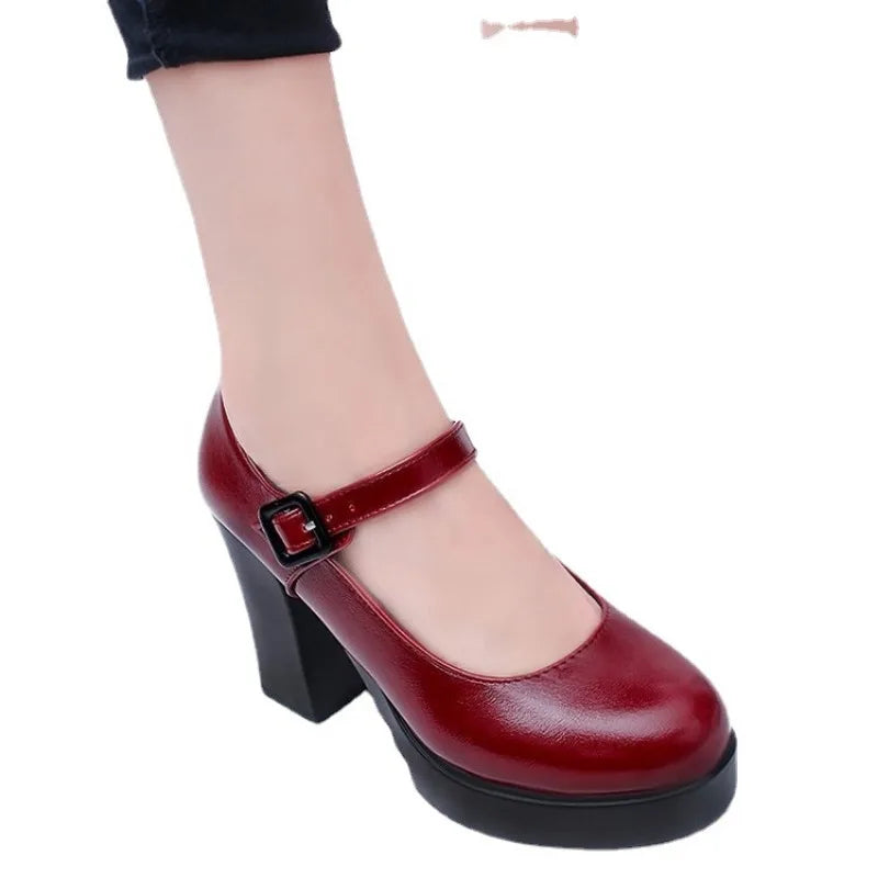 Women's Black Mid-heeled Pumps Catwalk Shoes Soft-soled Leather Shoes Thick Heels Large Size Women's Shoes