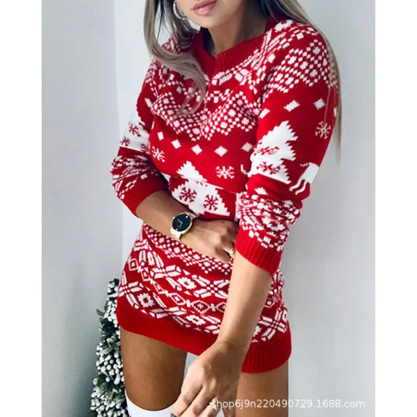 2023 Autumn Winter Dress Sweater New Women Christmas Printed Slim Knit Mini Dress Women's Long Sleeve Round Neck A Long Sweater