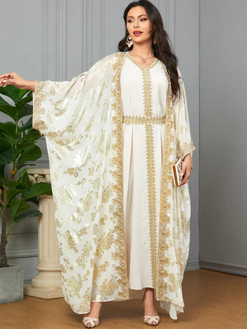 Eid Muslim Party Dress for Women Abaya with Inner Dress 2 Piece Set Jalabiya Ramadan Abayas Robe Caftan Vestidos Largos 2024