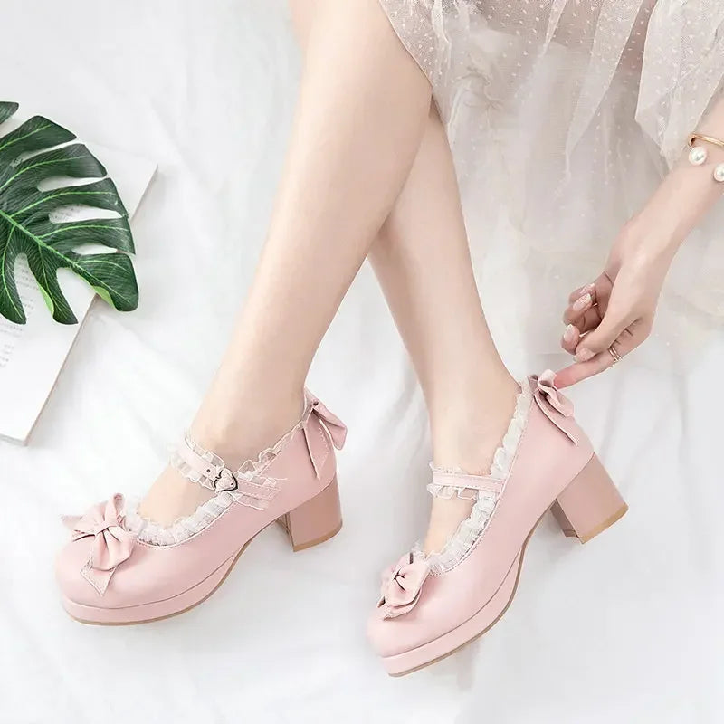 Sweet Lolita Ruffles Bowknot Lace Bridal Wedding Shoes Women High Heel Bordered Princess Dress Men Pink Plus Size 34-48