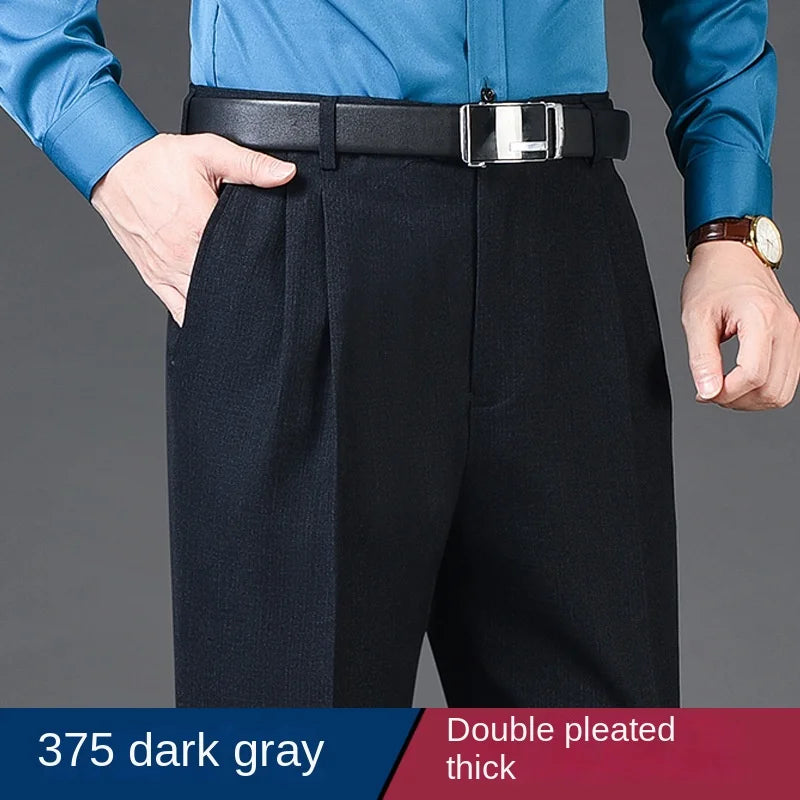 Double Pleated Mens suit pants Loose Fitting High Waist Trousers for Male Casual Business Formal Dress Pants Thick Autumn Winter