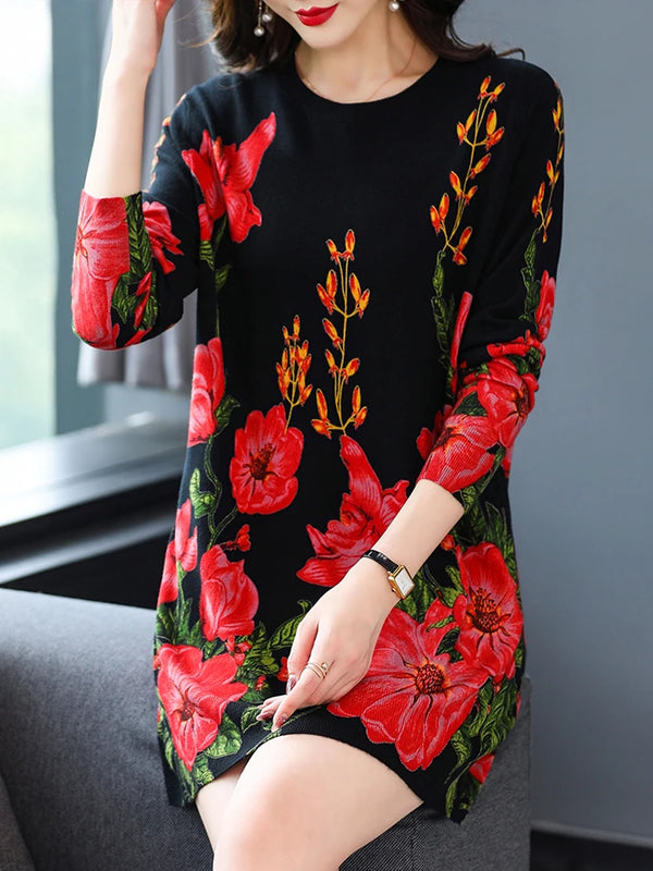 Floral Print Sweaters Dress Autumn Casual Long Sleeve Top Pullovers Knitwear Jumper Pull Elasticity Long Sweater Women