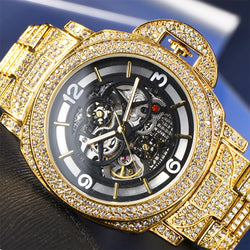 2022 Hip Hop MISSFOX  Hollow Auto Mechanical Watch Men High End Silver Steel Luxury Diamond Waterproof Watches Men Dropshipping