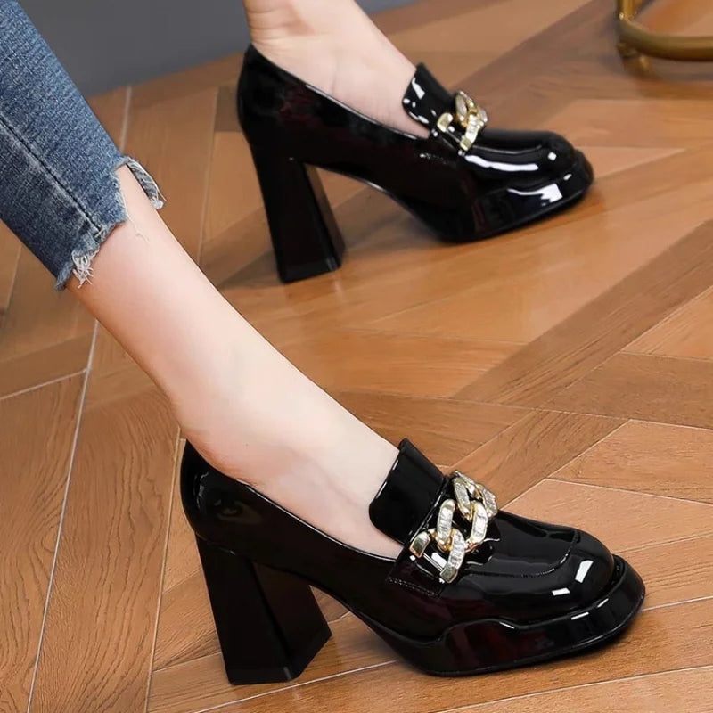 Women Patent Leather Shoes Thick Heels Mary Jane Shoes Fashion Square Toe Ladies Elegant Dress Single Metal Buckle High Heels