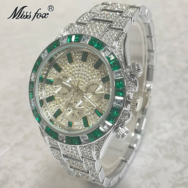 Luxury Brand MISSFOX Sliver Green Fashion Watches Men Rainbow Diamond Waterproof Smart Watch Full Steel Sports Clocks Male Reloj