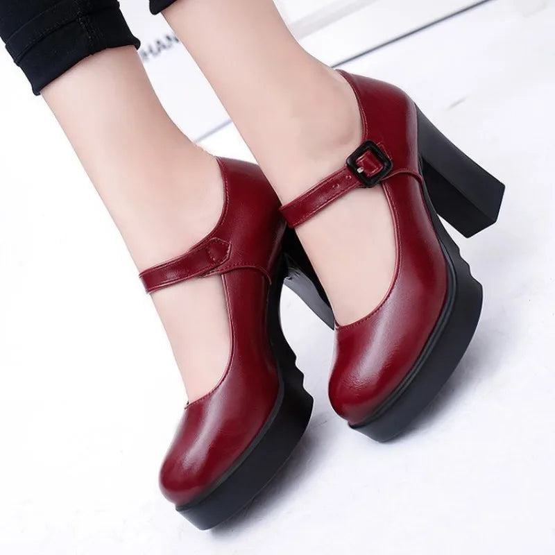 Women's Black Mid-heeled Pumps Catwalk Shoes Soft-soled Leather Shoes Thick Heels Large Size Women's Shoes