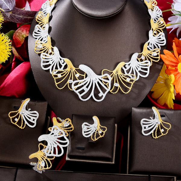 GODKI 4PCS Jingo Leaf Flower Luxury African Jewelry Sets For Women Wedding Party Naija Bride Necklace Dubai Bridal Dress Jewelry