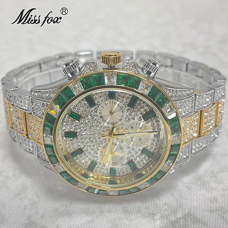 Luxury Brand MISSFOX Sliver Green Fashion Watches Men Rainbow Diamond Waterproof Smart Watch Full Steel Sports Clocks Male Reloj