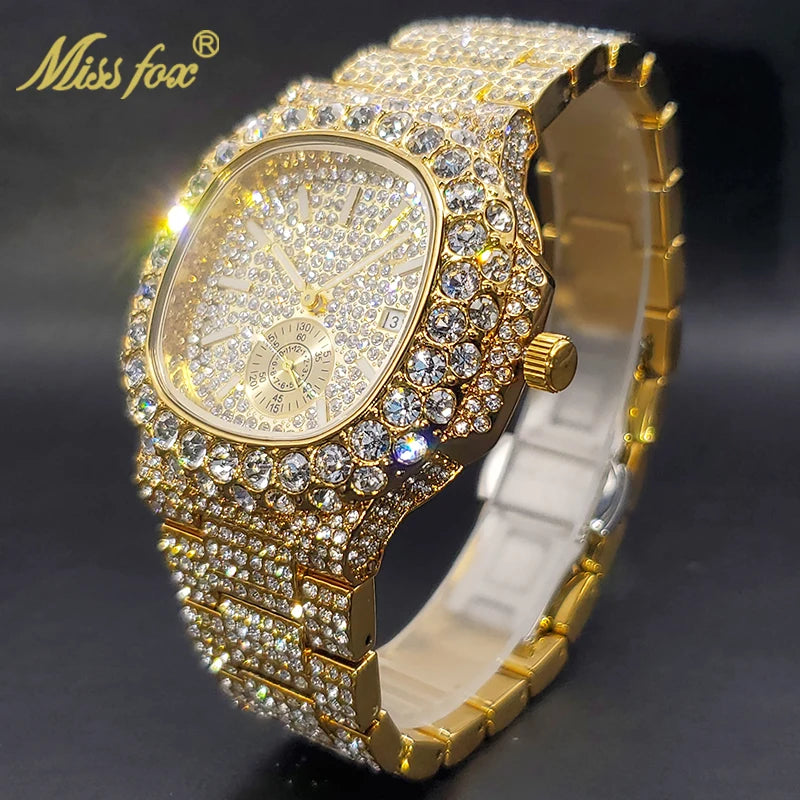 Gold Watch For Men Diamond Iced Out Hip Hop Stylish Quartz Watches For Male Double Dial Heavry Waterproof Wristwatches Summer In