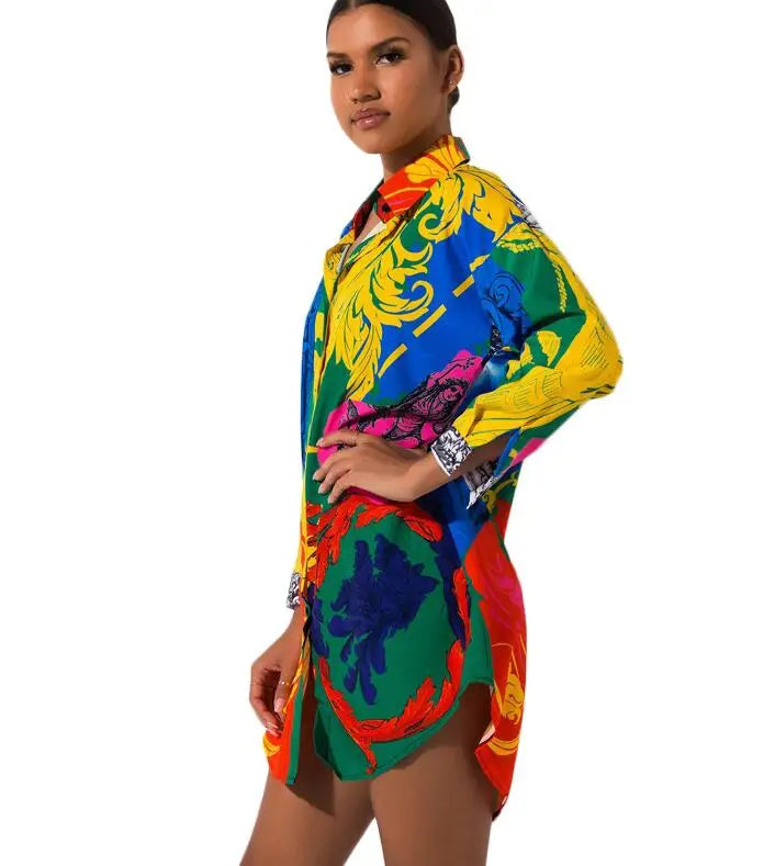 2023 New Fashion Women Shirt Dress Long Sleeve Vestidos Designer Dresses Colorful Painted One Piece Wholesale Clothing