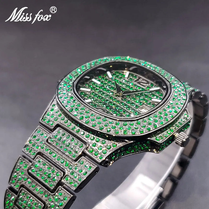 Green Watches For Men Full Diamond Iced Out Auto Date 3atm Waterproof Timepieces Square Blue Purple Watch For Man Dropshipping