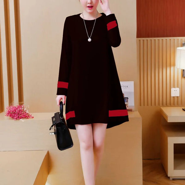 Women Autumn Winter Korean New O-Neck Plus Size Dress Solid Printed Spliced Loose Look Thinner Midi Length Long Sleeve Dress