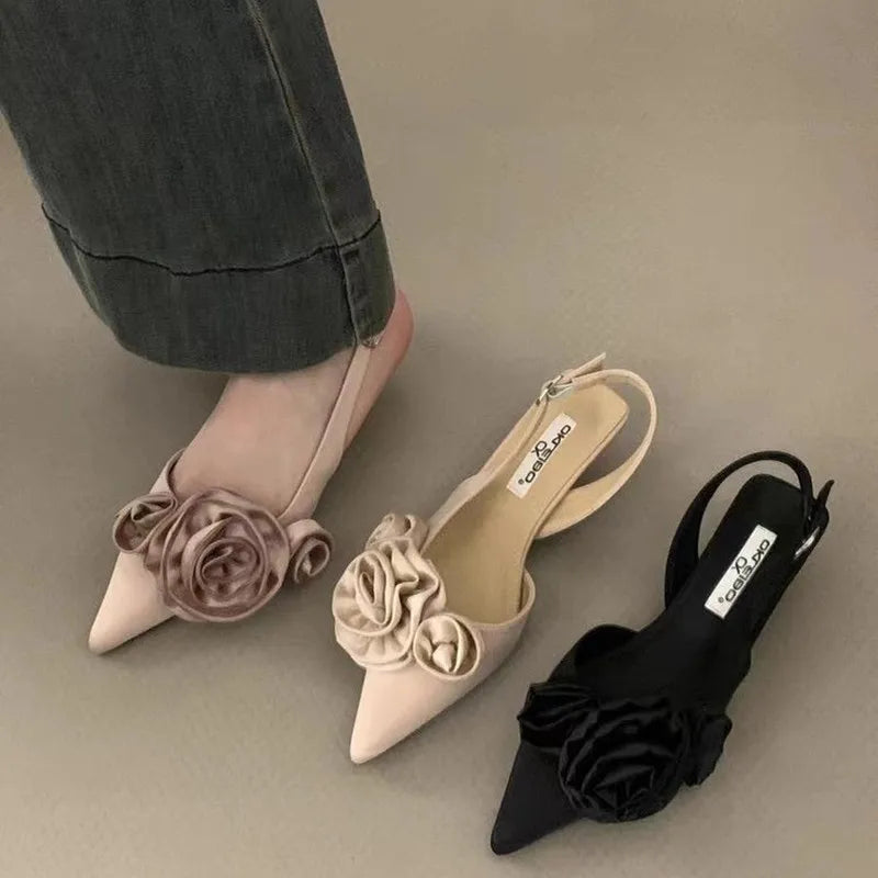 New Brand Women Sandal Fashion Flower Ladies Elegant Dress Slingback Shoes Thin Low Heel Dress Mules Pumps