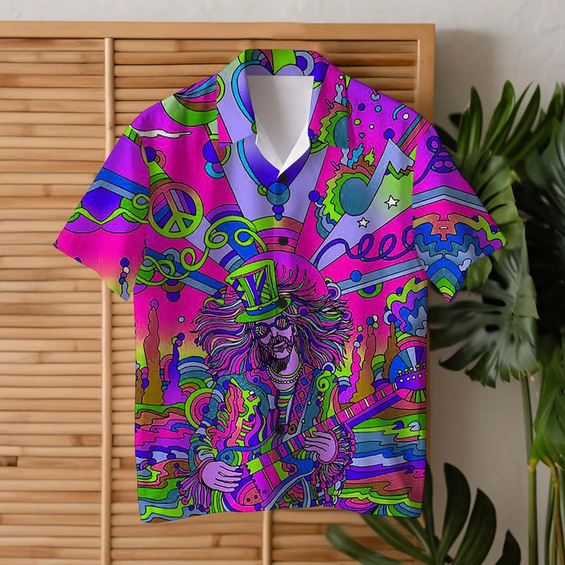 Colorful Guitar Hippie Men's Shirt Daily Wear Going out Weekend Summer Cuban Collar Short Sleeves  4-Way Stretch Fabric Shirt