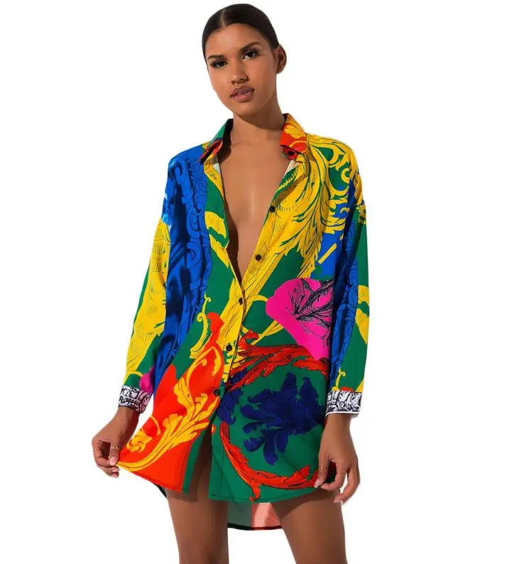 2023 New Fashion Women Shirt Dress Long Sleeve Vestidos Designer Dresses Colorful Painted One Piece Wholesale Clothing