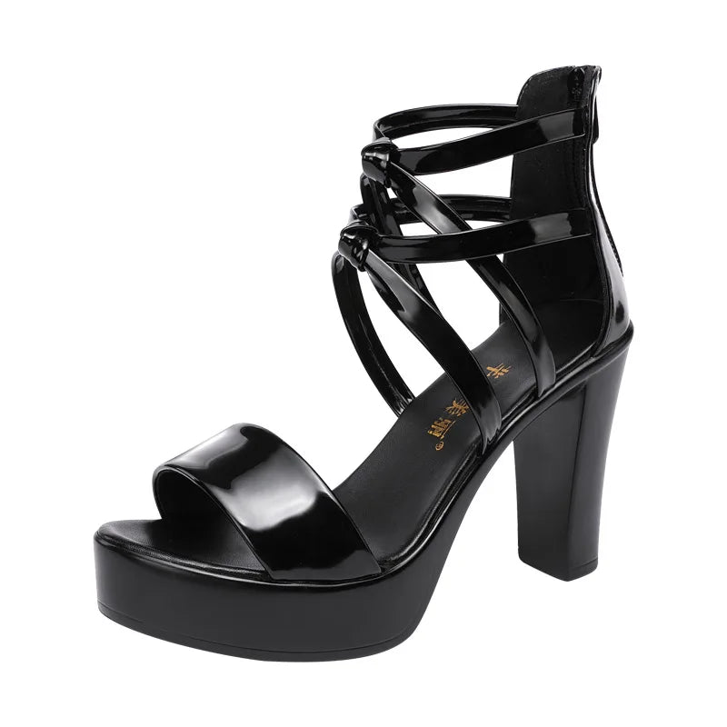 Big Size 32-43 Block Heel Platform Sandals Women Wedding Shoes 2024 Summer High Heels Gladiator Sandals Patent Leather Sandals