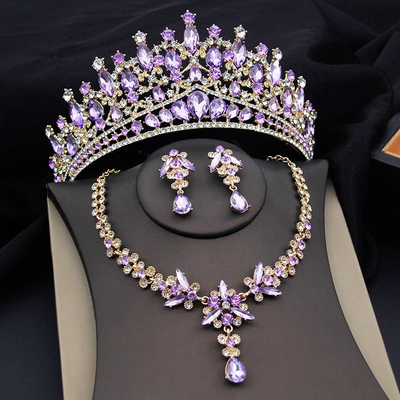 Purple Crystal Tiaras and Necklace Earrings Crown Bridal Sets Jewelry Princess Queen Bride Wedding Dress Costume Accessories