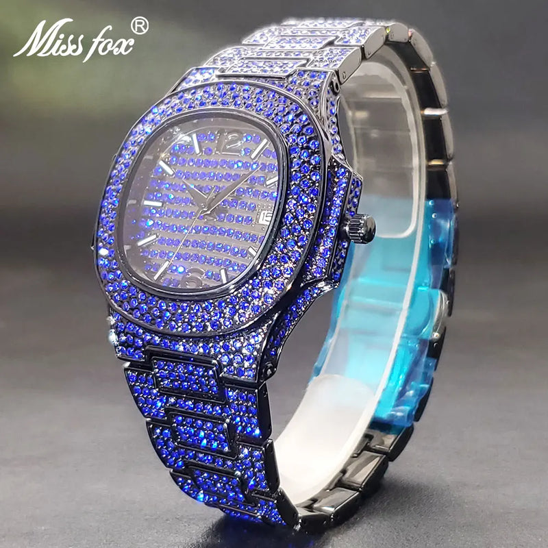 Green Watches For Men Full Diamond Iced Out Auto Date 3atm Waterproof Timepieces Square Blue Purple Watch For Man Dropshipping