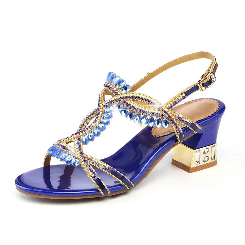 BEYARNE Women Fashion Open Toe Shining Blue Rhinestone Buckle Thick High Heel Sandals Rhinestone Gladiator Wedding Dress Shoes