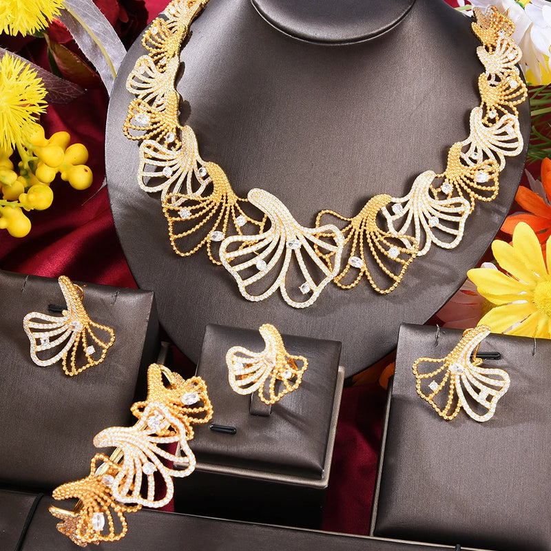 GODKI 4PCS Jingo Leaf Flower Luxury African Jewelry Sets For Women Wedding Party Naija Bride Necklace Dubai Bridal Dress Jewelry