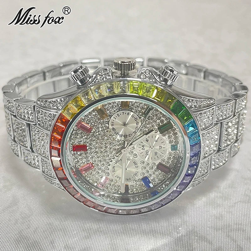 Luxury Brand MISSFOX Sliver Green Fashion Watches Men Rainbow Diamond Waterproof Smart Watch Full Steel Sports Clocks Male Reloj