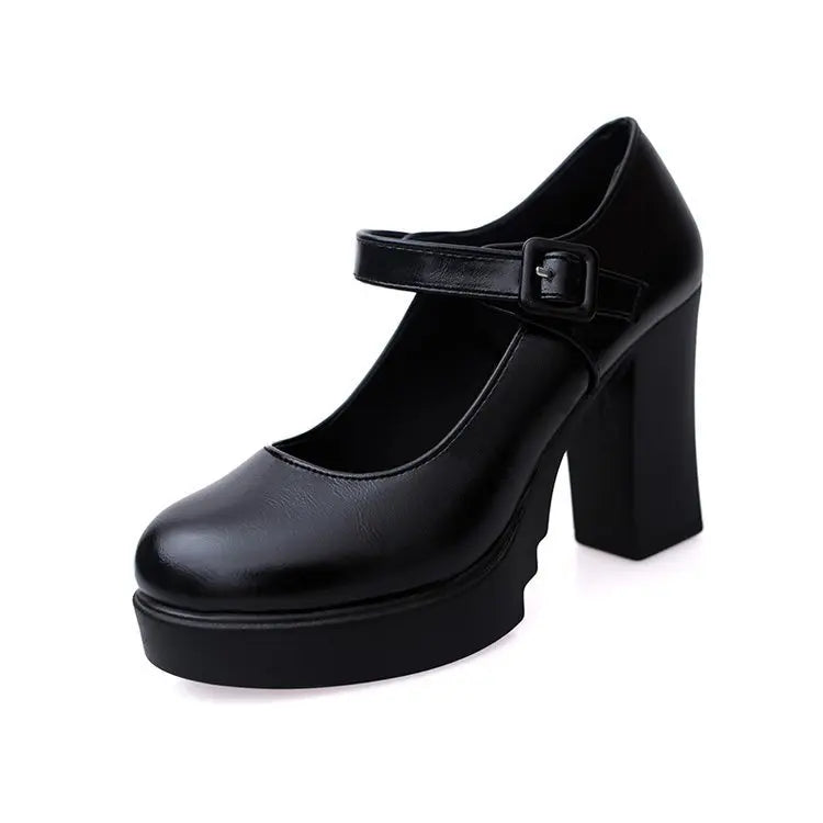 Women's Black Mid-heeled Pumps Catwalk Shoes Soft-soled Leather Shoes Thick Heels Large Size Women's Shoes