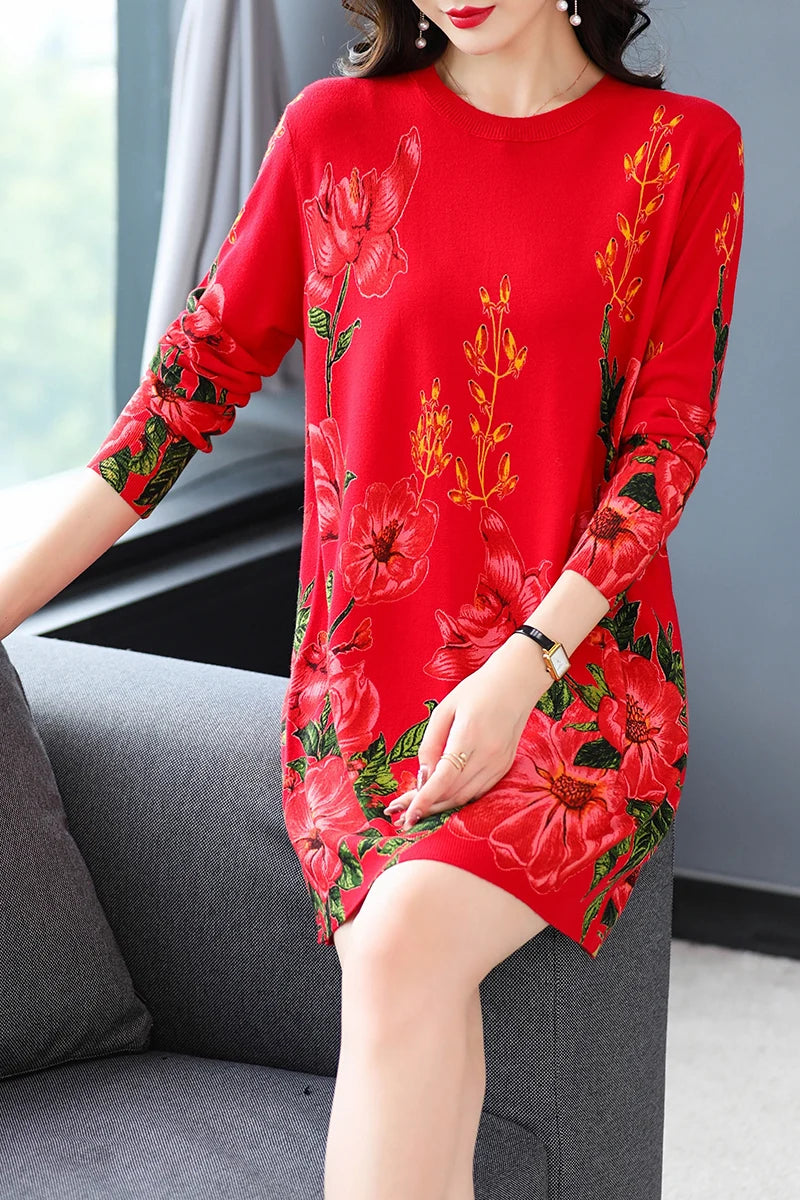 Floral Print Sweaters Dress Autumn Casual Long Sleeve Top Pullovers Knitwear Jumper Pull Elasticity Long Sweater Women