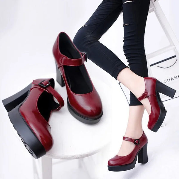 Women's Black Mid-heeled Pumps Catwalk Shoes Soft-soled Leather Shoes Thick Heels Large Size Women's Shoes