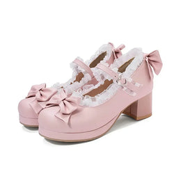 Sweet Lolita Ruffles Bowknot Lace Bridal Wedding Shoes Women High Heel Bordered Princess Dress Men Pink Plus Size 34-48