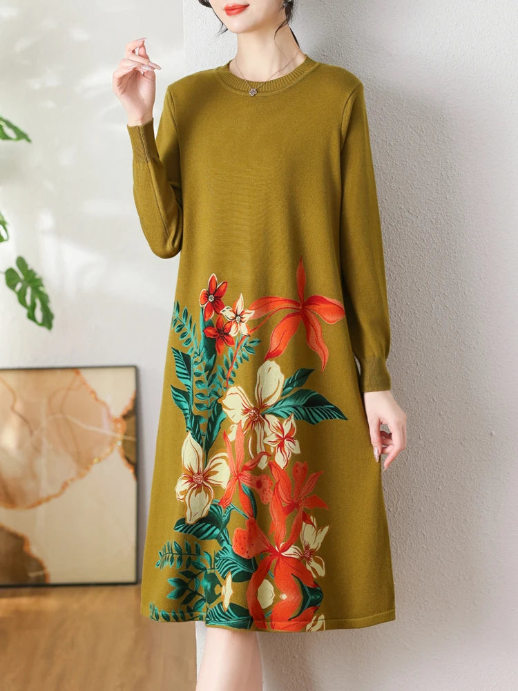 Floral Print Long Sweaters Dress Spring Women Clothing Long Sleeve Femme Pullover Elasticity Loose Pulls Sweater For Women