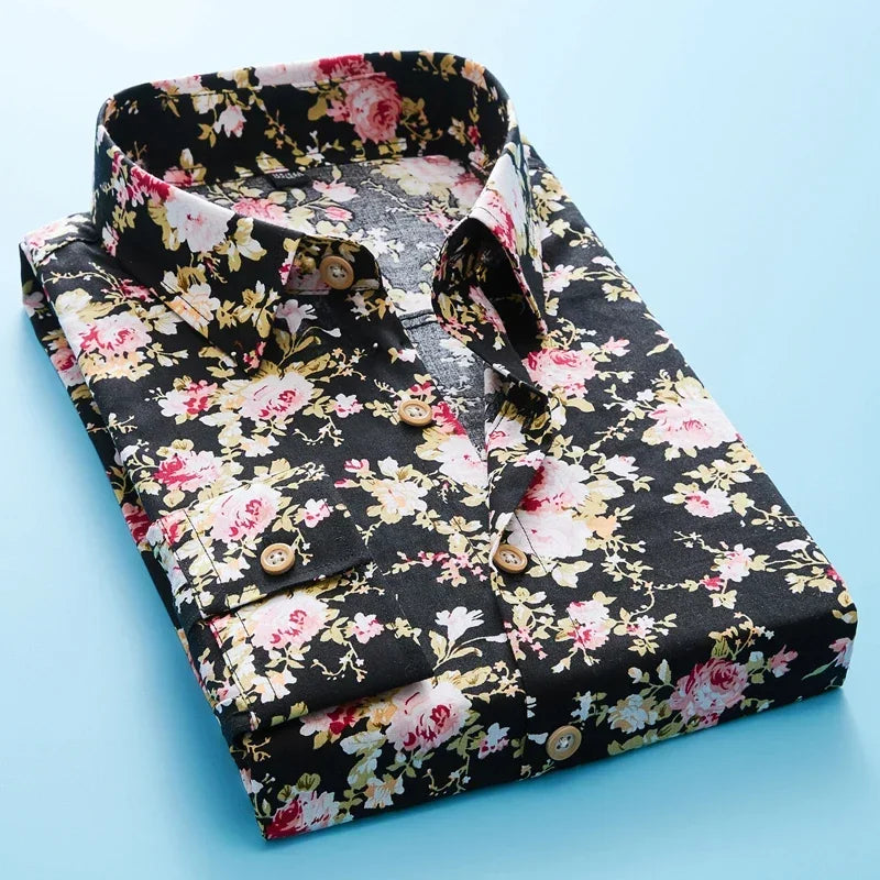 Plus Colors Personality Men Casual Slim Long-sleeve Shirt Flower Print Top Slim Party Shirts Male Dress Shirt Men Clothes