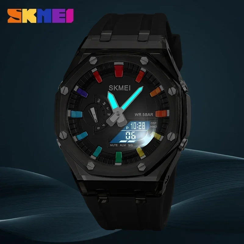 SKMEI Waterproof Men Watch Countdown Stopwatch Led Light Electronic Movement Wristwatch 5Alarm Clock 2 Time Digital Watches 2100