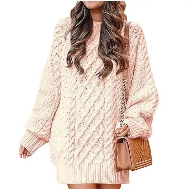 2023 Round Neck Sleeve Twisted Knitted Thick Needle Pullover Medium Long Sweater Women's Dress