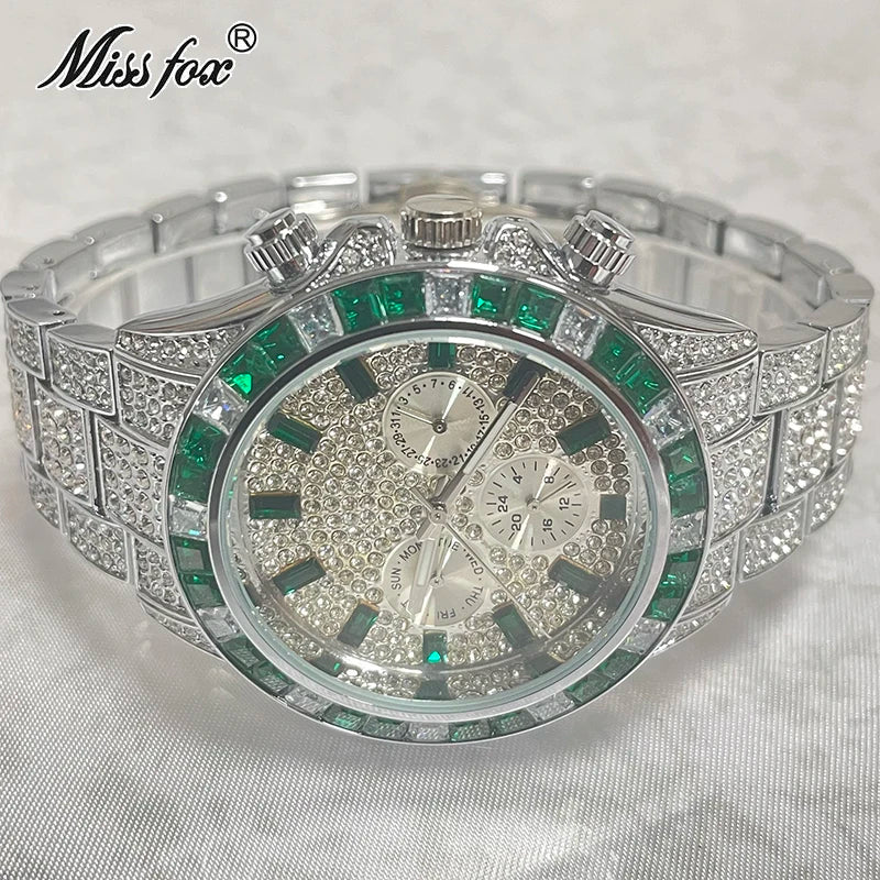 Luxury Brand MISSFOX Sliver Green Fashion Watches Men Rainbow Diamond Waterproof Smart Watch Full Steel Sports Clocks Male Reloj