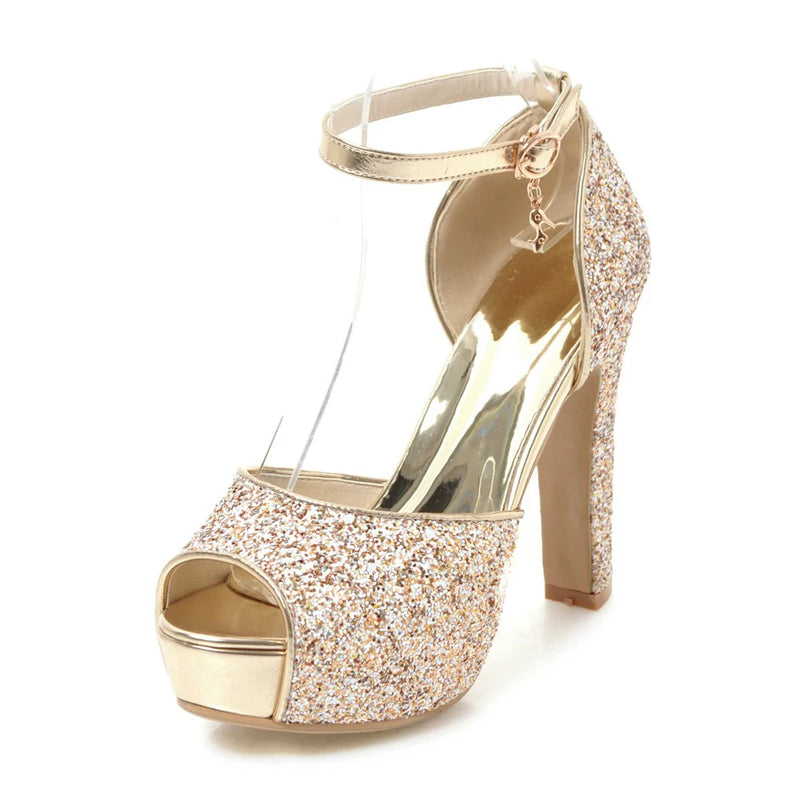 Summer New Peep Toe Shiny Sequins High Heels Women Platform Sandals Party Dress Wedding Pumps Ladies Shoes Gold Zapatos de Mujer