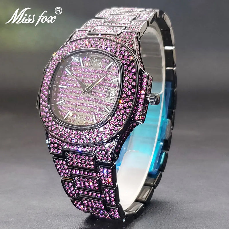 Green Watches For Men Full Diamond Iced Out Auto Date 3atm Waterproof Timepieces Square Blue Purple Watch For Man Dropshipping