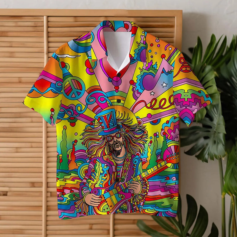 Colorful Guitar Hippie Men's Shirt Daily Wear Going out Weekend Summer Cuban Collar Short Sleeves  4-Way Stretch Fabric Shirt